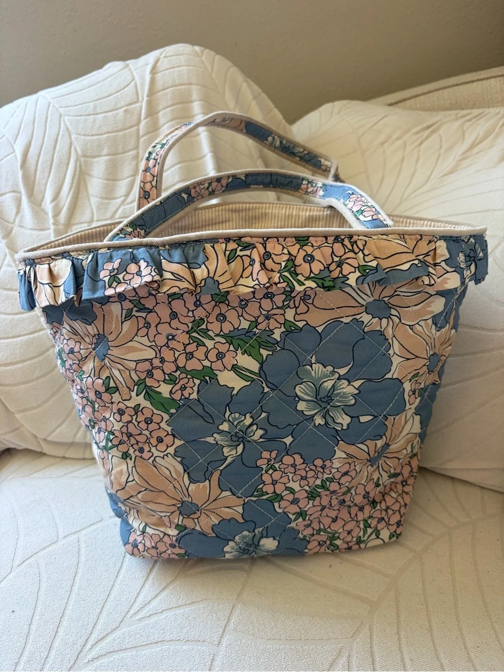Sézane Floral Quilted Tote - Blue, Pink & Cream